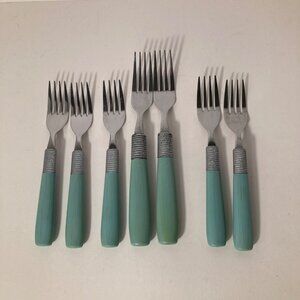 7 - Vintage Cambridge Forks Green Stainless‎ Flatware Plastic Handle 7 or 8"